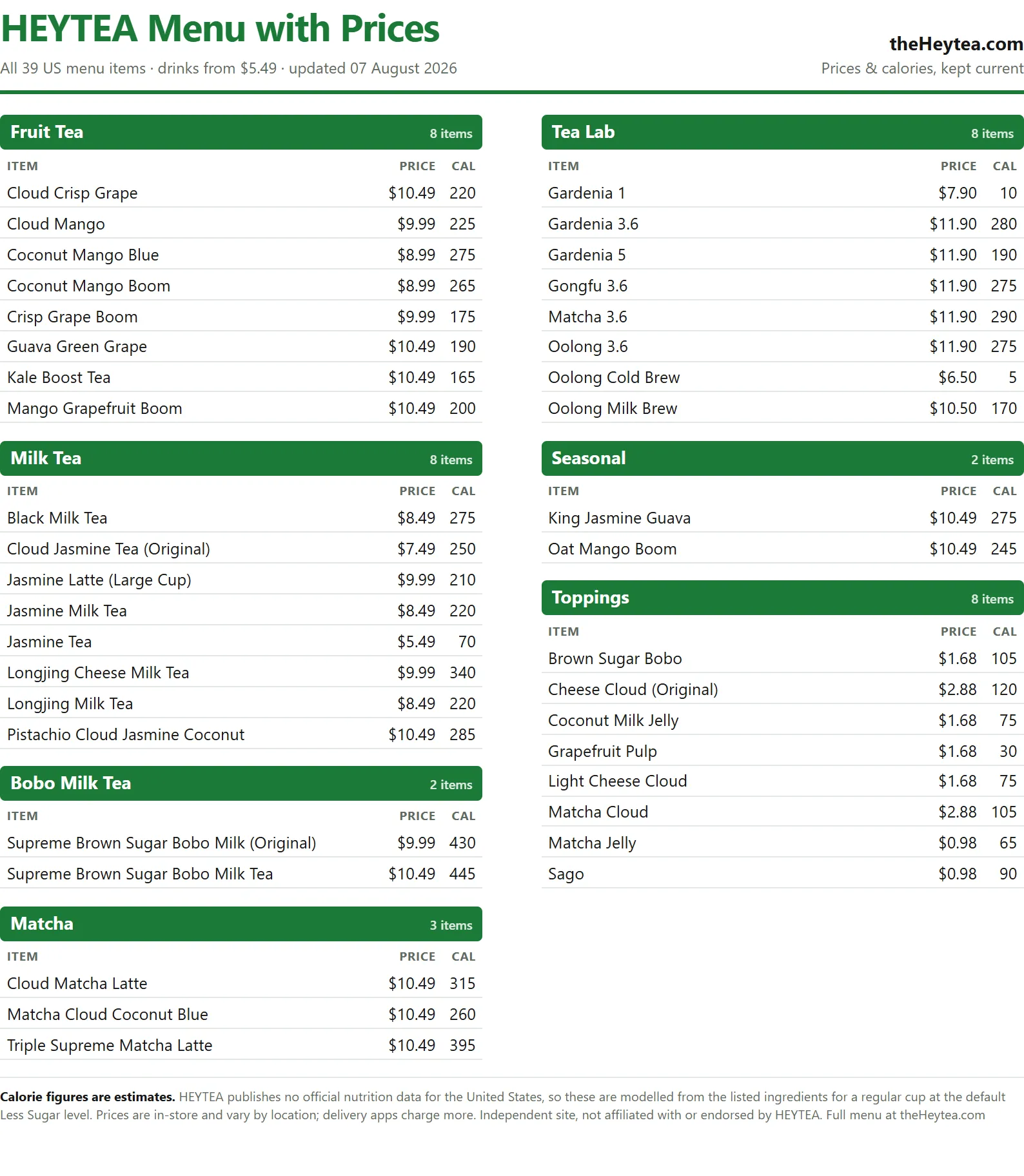 HEYTEA menu with prices and calories for all 39 items